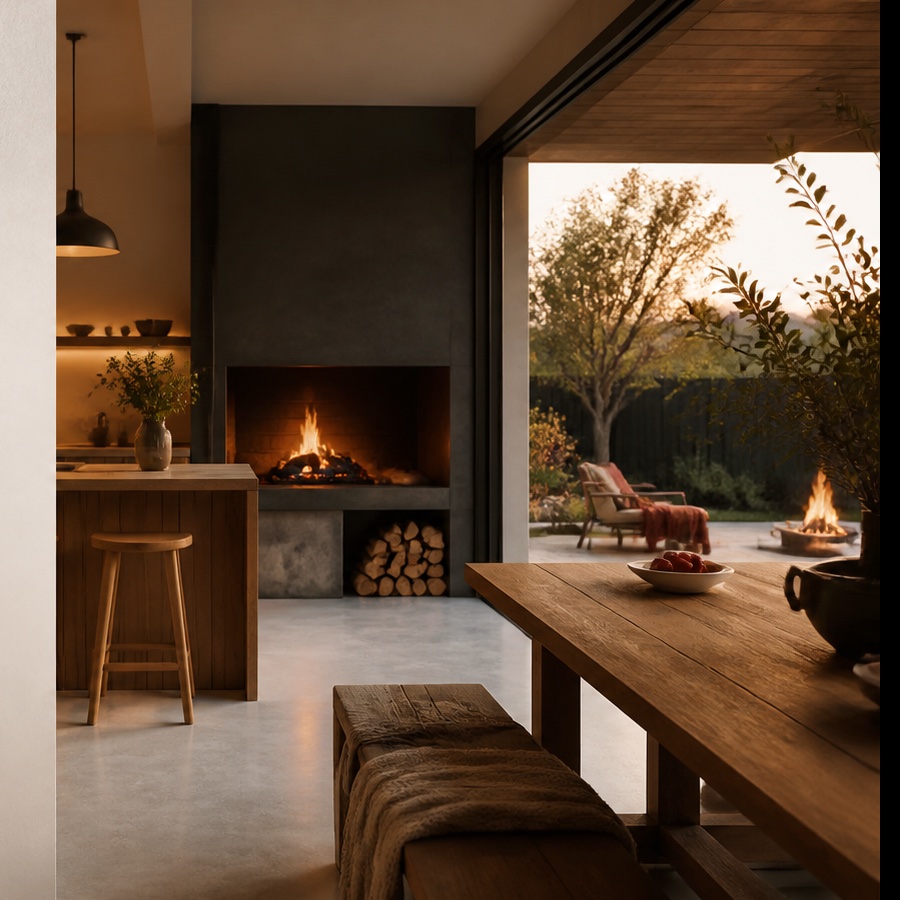 Casa con fuego interior y exterior